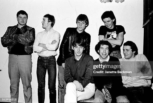 The Jam backstage at the band's farewell concert, Brighton Centre, Brighton, United Kingdom, 11th December 1982. Rick Buckler is standing second...