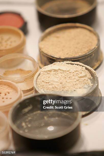 Makeup supplies sit on a table backstage at the Monique Lhuillier Spring 2006 fashion show during Olympus Fashion Week at Bryant Park September 13,...