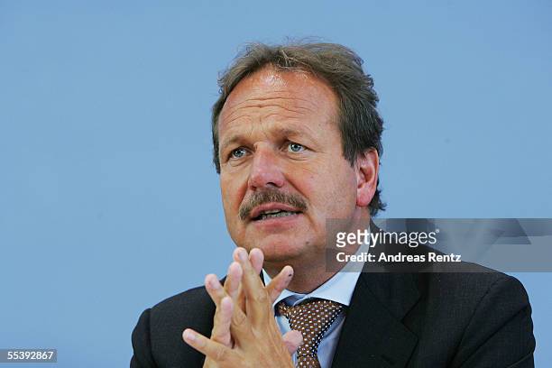 Frank Bsirske, head of the German public sector workers' union ver.di gestures at a press conference September 13, 2005 in Berlin, Germany.The new...