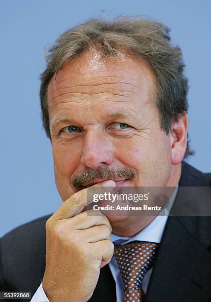 Frank Bsirske, head of the German public sector workers' union ver.di looks on at a press conference September 13, 2005 in Berlin, Germany.The new...