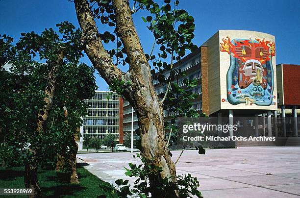 View of a Mural at the School of Medicine on the campus of University City Campus of the Universidad Nacional Autonoma in Ciudad Universitaria,...