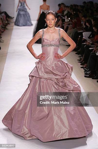 Model walks the runway at the Monique Lhuillier Spring 2006 fashion show during Olympus Fashion Week at Bryant Park September 13, 2005 in New York...