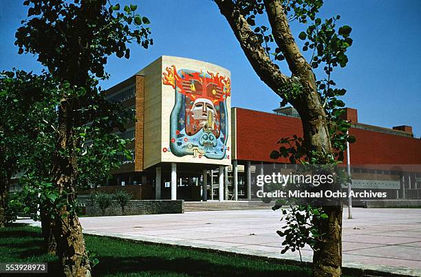 View of a Mural at the School of Medicine on the campus of University City Campus of the Universidad Nacional Autonoma in Ciudad Universitaria,...