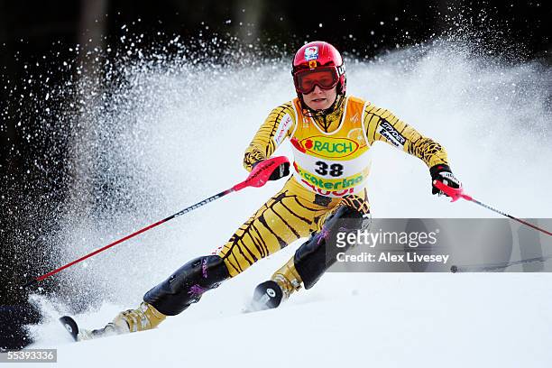 Brigitte Acton of Canada in the Womens Slalom 1st run at the FIS Alpine World Ski Championships 2005 on February 11, 2005 in Bormio, Italy.