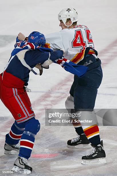 Brad Ference of the Florida Panthers pounds on Matthew Barnaby of the New York Rangers during the game at National Car Rental Center in Sunrise,...