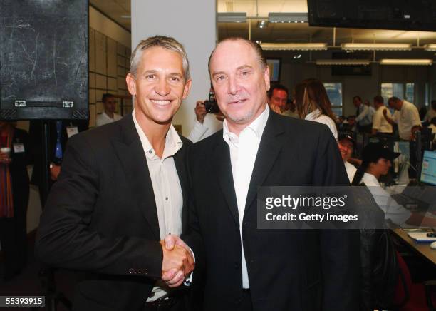 Soccer pundit Gary Lineker is greeted by BGC Chief Executive Lee Amaitis during a charity trading day, September 12, 2005 hosted by London based...