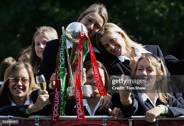 Members of the England Womens Cricket team parade down the Strand toward Trafalgar Square as part of the Ashes victory celebration, September 13,...