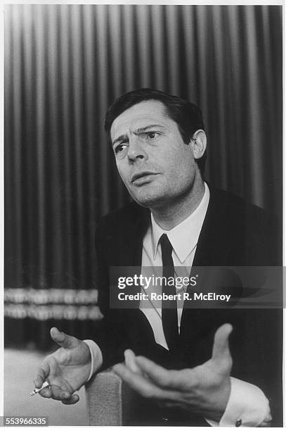 Portrait of Italian actor Marcello Mastroianni as he guestures, a cigarette in one hand, New York, May 1967.