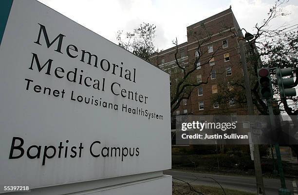 Sign is seen in front of Memorial Hospital September 13, 2005 in New Orleans, Louisiana. 45 patients were found dead inside the Memorial Hospital...
