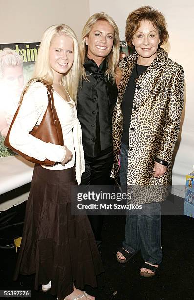 Actors Crystal Hunt and Marj Dusay with designer Pamella Roland pose backstage at the Pamella Roland Spring 2006 fashion show during Olympus Fashion...