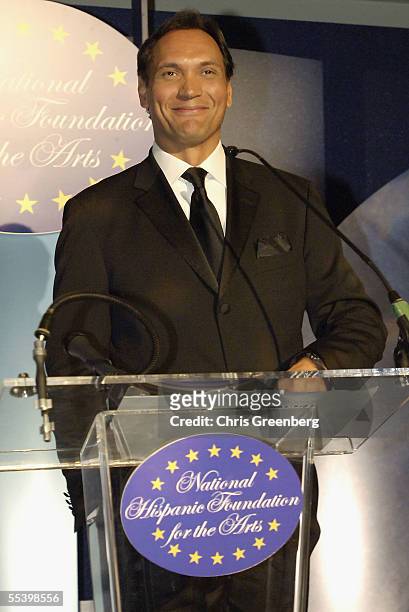 Jimmy Smits speaks during the National Hispanic Foundation For The Arts Annual 'Noche de Gala" at the Mayflower Hotel, September 13, 2005 in...