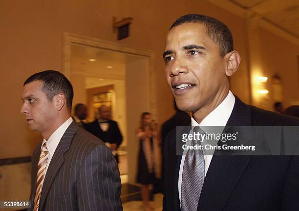 Senator Barack Obama, , leaves the National Hispanic Foundation For The Arts Annual 'Noche de Gala" at the Mayflower Hotel, September 13, 2005 in...
