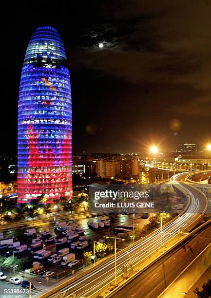 The lights system of the new Agbar Tower is tested, 13 September 2005 before the building's inauguration by Spanish King Juan Carlos on Friday in...