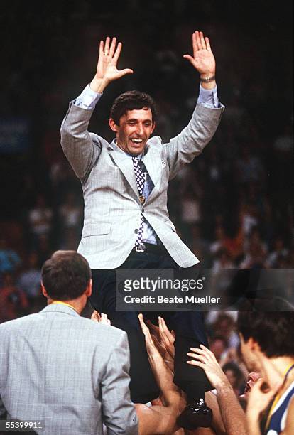 Coach Svetislav Pesic of Germany celebrates with his team after winning the final match Russia aganist Germany of the Basketball 1993 European...