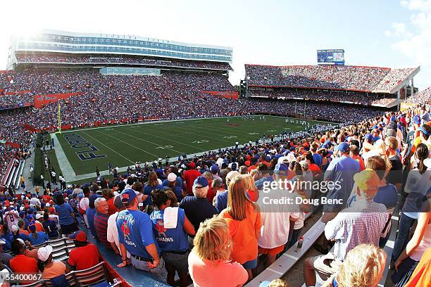 General view as the University of Florida Gators takes on the Louisiana Tech Bulldogs at Ben Hill Griffin Stadium on September 10, 2005 in...