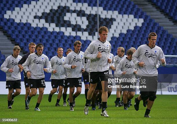 Players of FC Copenhagen in action during the training session on September 14, 2005 in Hamburg, Germany. FC Copenhagen meets Hamburger SV in the...