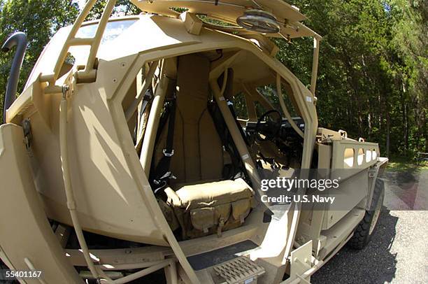 In this handout image provided by the U.S. Navy, the side seat area of the Ultra Armored Patrol Vehicle is shown at the Marine Corps Air Facility...