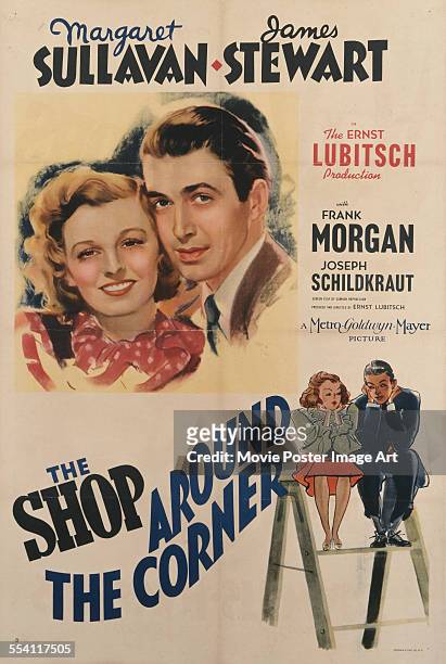 Actors Margaret Sullavan and James Stewart appear on a US one-sheet for the MGM film 'The Shop Around The Corner', 1940. The film was directed by...