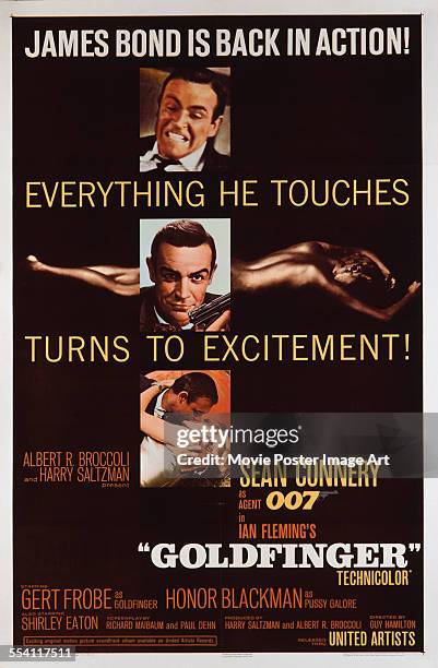 Actor Sean Connery appears as superspy James Bond on a US one-sheet for the United Artists film 'Goldfinger', 1964.