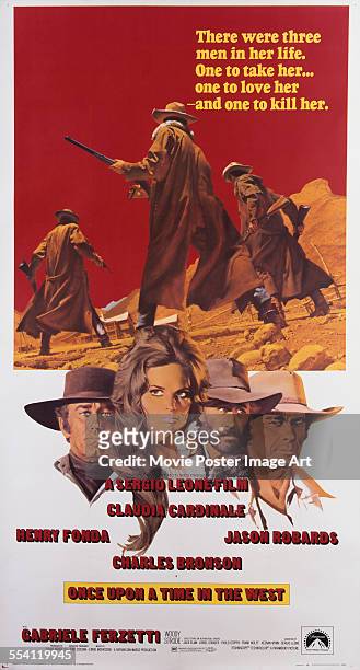 Actors Henry Fonda, Claudia Cardinale, Jason Robards and Charles Bronson appear on a US one-sheet for the film 'Once Upon A Time In The West', 1968....