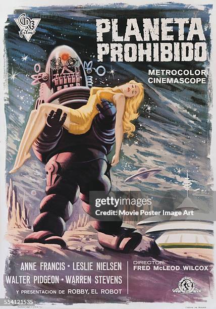 Spanish poster for the MGM science fiction film 'Forbidden Planet', entitled 'Planeta Prohibido', 1956. The film was directed by Fred McLeod Wilcox...