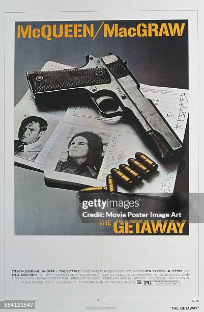 Photographs of actors Steve McQueen and Ali MacGraw appear on a US one-sheet for the First Artists crime film 'The Getaway', 1972. The film was...