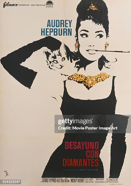Actress Audrey Hepburn appears on a Spanish poster for the Paramount Pictures film 'Breakfast At Tiffany's', titled 'Desayuno Con Diamantes' , 1961.