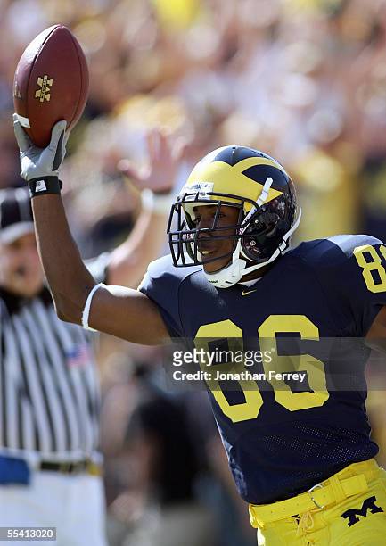 Mario Manningham of the Michigan Wolverines drops back to pass during the game with the Notre Dame Fighting Irish on September 10, 2005 at Michigan...