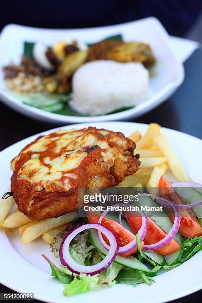 chicken parmigiana with chips and fresh salad - chicken parmigiana stockfoto's en -beelden