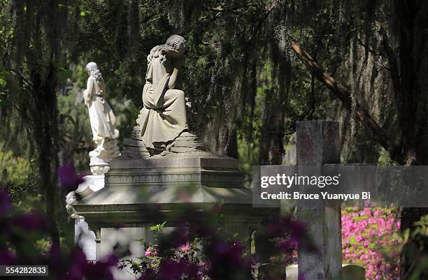 tomb statue in bonaventure cemetery - bonaventure cemetery stock pictures, royalty-free photos & images