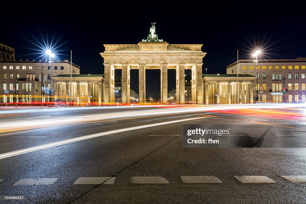 Berlin, Brandenburg Gate with traffic light trails