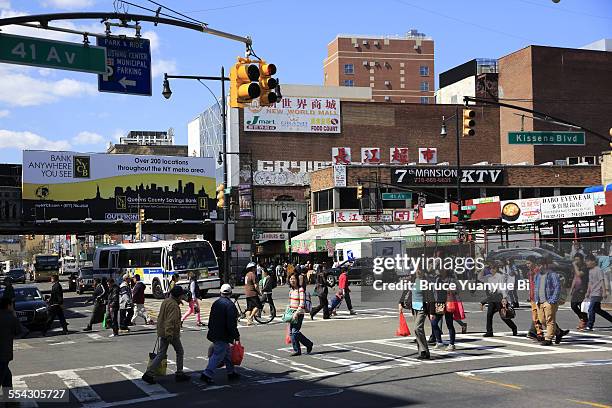 view of flushing chinatown - queens day stockfoto's en -beelden