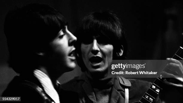 Paul McCartney and George Harrison are pictured at the Donmar Rehearsal Theatre in central London during rehearsals for The Beatles upcoming UK tour....