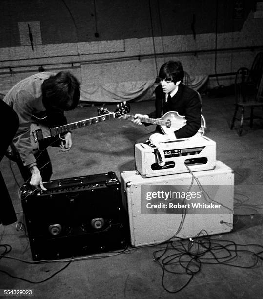 Paul McCartney and George Harrison are pictured at the Donmar Rehearsal Theatre in central London during rehearsals for The Beatles upcoming UK tour....