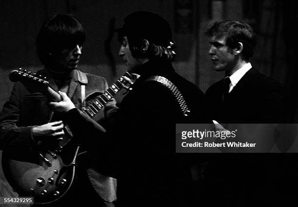 John Lennon, George Harrison and Neil Aspinall are pictured at the Donmar Rehearsal Theatre in central London during rehearsals for The Beatles...
