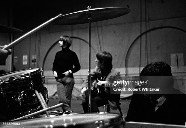 Paul McCartney, George Harrison and Ringo Starr are pictured at the Donmar Rehearsal Theatre in central London during rehearsals for The Beatles...