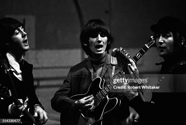 Paul McCartney, George Harrison and John Lennon are pictured at the Donmar Rehearsal Theatre in central London during rehearsals for The Beatles...