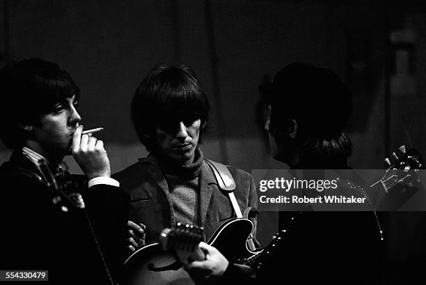 Paul McCartney, George Harrison and John Lennon are pictured at the Donmar Rehearsal Theatre in central London during rehearsals for The Beatles...