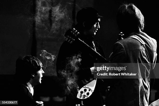 Paul McCartney, George Harrison and John Lennon are pictured at the Donmar Rehearsal Theatre in central London during rehearsals for The Beatles...
