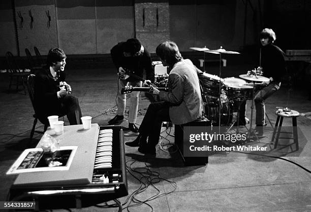 The Beatles are pictured at the Donmar Rehearsal Theatre in central London during rehearsals for their upcoming UK tour. November 1965.