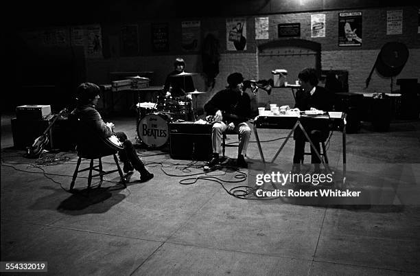 The Beatles are pictured at the Donmar Rehearsal Theatre in central London during rehearsals for their upcoming UK tour. November 1965.