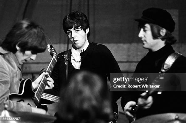 The Beatles are pictured at the Donmar Rehearsal Theatre in central London during rehearsals for their upcoming UK tour. November 1965.