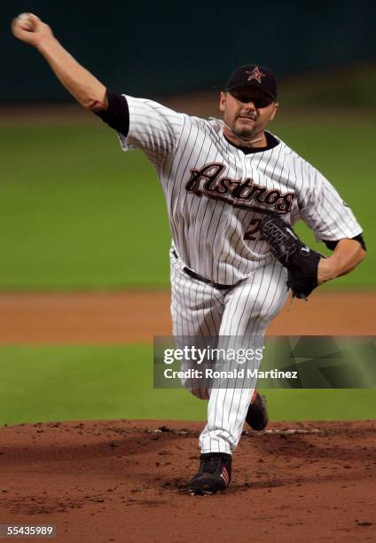 Starting pitcher Roger Clemens of the Houston Astros throws against Luis Castillo of the Florida Marlins on September 14, 2005 at Minute Maid Park in...