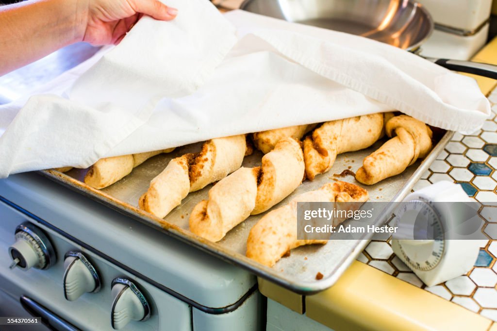 Close up of tray of homemade bread rolls