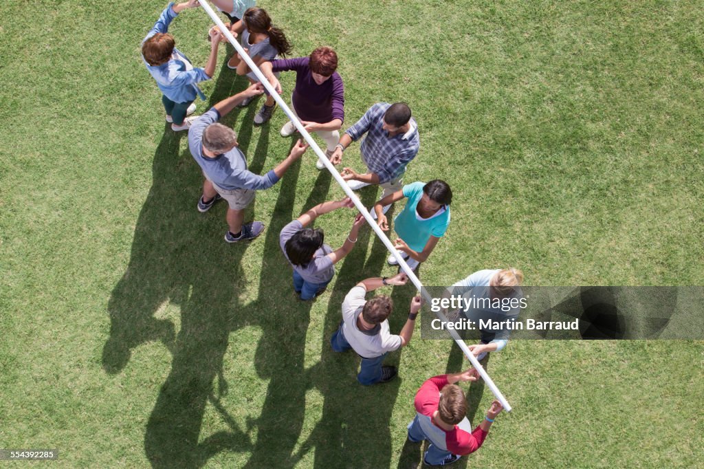 Team balancing pole on fingertips in sunny field
