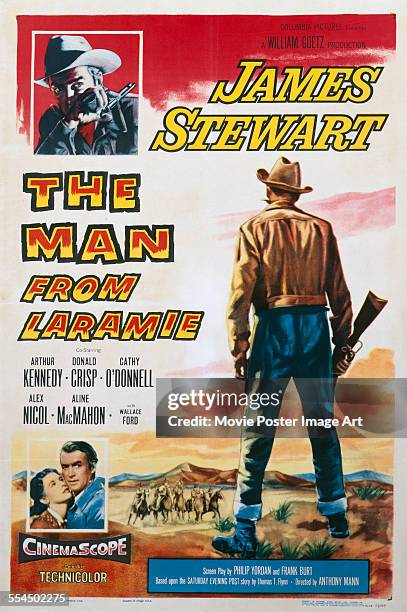 Poster for Anthony Mann's 1955 western 'The Man from Laramie' starring Cathy O'Donnell and James Stewart.