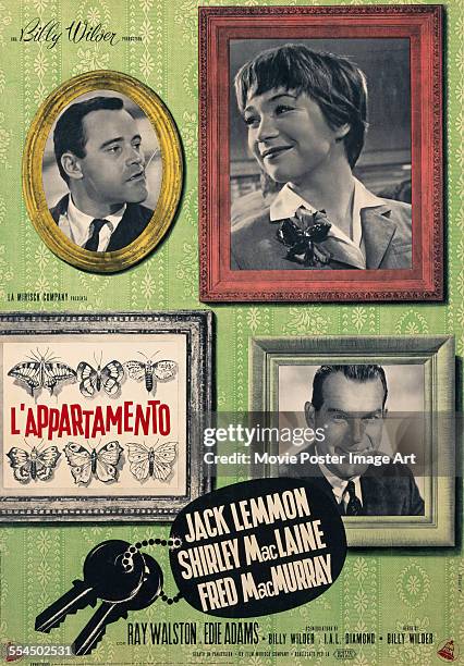 An Italian poster for Billy Wilder's 1960 comedy 'The Apartment' starring Jack Lemmon, Shirley MacLaine, and Fred MacMurray.