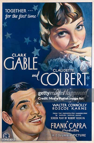 Poster for Frank Capra's 1934 comedy 'It Happened One Night' starring Clark Gable and Claudette Colbert.