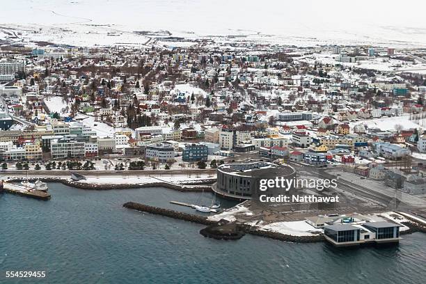 sky view of akureyri city - akureyri stockfoto's en -beelden