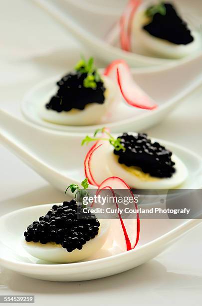 truffle pearls on the quail egg with radish - kaviar stock-fotos und bilder